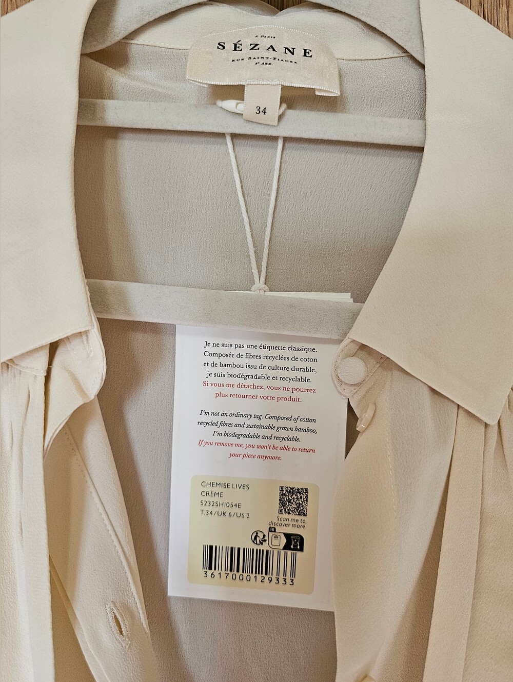 NWT Sezane 100% Silk Cream Ivory Blouse Top Removable Neck Tie Size 34 S XS - Picture 7 of 12